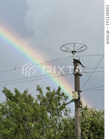 Vibrant Rainbow Arches Overcast Sky with Utility Pole and Perched Birds Vibrant Rainbow Arches Overcast Sky with Utility Pole and Perched Birds 141136681