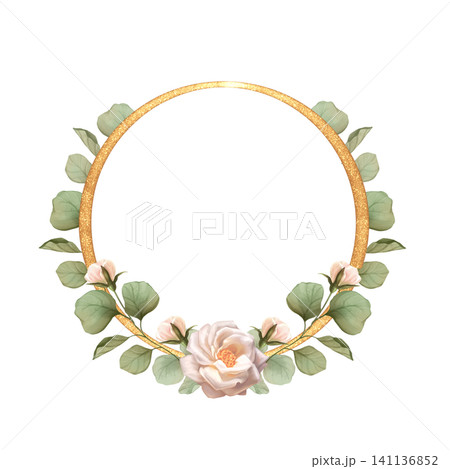 Cute hand-drawn circular rose and leaves gold frame wreath botanical illustration Cute hand-drawn circular rose and leaves gold frame wreath botanical illustration 141136852