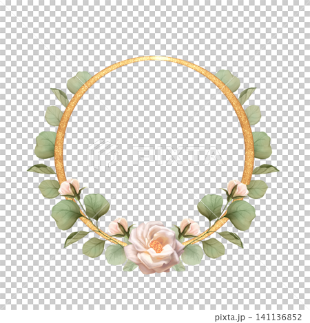 Cute hand-drawn circular rose and leaves gold frame wreath botanical illustration 141136852