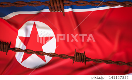 North Korean Flag Behind Rusty Barbed Wire Barrier 3d render. North Korean Flag Behind Rusty Barbed Wire Barrier 3d render. 141137835
