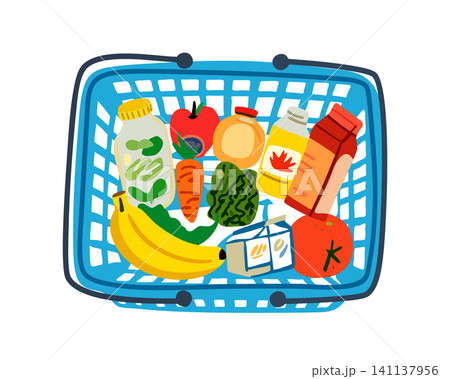 Supermarket basket full of various fresh food. Vector isolated illustration. Vibrant colors, top view Supermarket basket full of various fresh food. Vector isolated illustration. Vibrant colors, top view 141137956