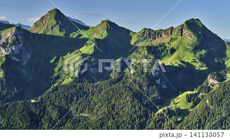 Majestic Alpine Panorama of Stoos Region With Lush Greenery and Mountains 141138057