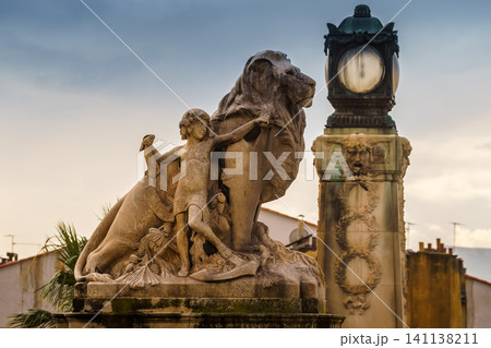 MARSEILLE, FRANCE - 10 Nov 2018 - Lion statue of the stairs decoration near the Saint Charles train station in Marseille 141138211