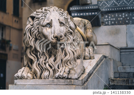 GENOA, ITALY - NOVEMBER 4, 2018: Lions of Cattedrale di San Lorenzo or Cathedral of Saint Lawrence GENOA, ITALY - NOVEMBER 4, 2018: Lions of Cattedrale di San Lorenzo or Cathedral of Saint Lawrence 141138330