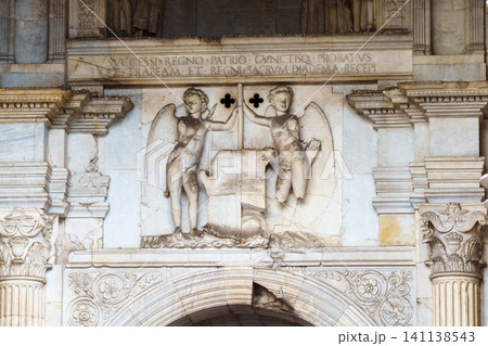 NAPLES, ITALY - NOVEMBER 05, 2018 - The medieval castle of Maschio Angioino or Castel Nuovo or New Castle and its elements of decoration, Napoli 141138543