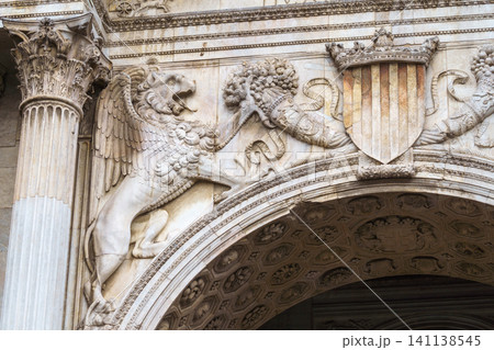 NAPLES, ITALY - NOVEMBER 05, 2018 - The medieval castle of Maschio Angioino or Castel Nuovo or New Castle and its elements of decoration, Napoli NAPLES, ITALY - NOVEMBER 05, 2018 - The medieval castle of Maschio Angioino or Castel Nuovo or New Castle and its elements of decoration, Napoli 141138545