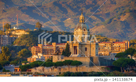MESSINA, ITALY - NOVEMBER 06, 2018 - Panoramic view of the city and the Temple Christ the King in Sicily MESSINA, ITALY - NOVEMBER 06, 2018 - Panoramic view of the city and the Temple Christ the King in Sicily 141138674