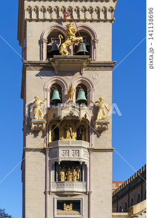MESSINA, ITALY - NOVEMBER 06, 2018 - The bell tower with carillon of the Duomo Cathedral in Sicily 141138696