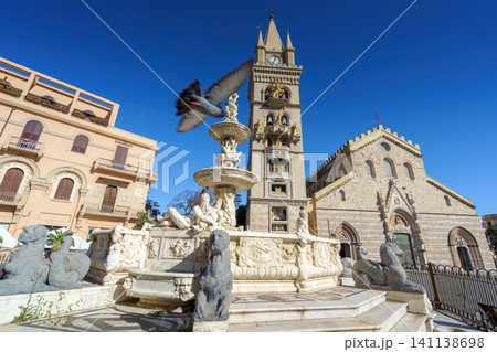 MESSINA, ITALY - NOVEMBER, 06 - Messina Duomo Cathedral with astronomical clock and fountain of Orion MESSINA, ITALY - NOVEMBER, 06 - Messina Duomo Cathedral with astronomical clock and fountain of Orion 141138698