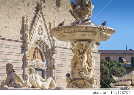MESSINA, ITALY - NOVEMBER, 06 - Messina Duomo Cathedral with astronomical clock and fountain of Orion MESSINA, ITALY - NOVEMBER, 06 - Messina Duomo Cathedral with astronomical clock and fountain of Orion 141138704