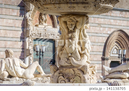 MESSINA, ITALY - NOVEMBER, 06 - Messina Duomo Cathedral with astronomical clock and fountain of Orion MESSINA, ITALY - NOVEMBER, 06 - Messina Duomo Cathedral with astronomical clock and fountain of Orion 141138705