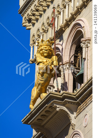 MESSINA, ITALY - NOVEMBER 06, 2018 - Decorations and golden elements of the Bell Tower of the Cathedral of Messina, Sicily MESSINA, ITALY - NOVEMBER 06, 2018 - Decorations and golden elements of the Bell Tower of the Cathedral of Messina, Sicily 141139069