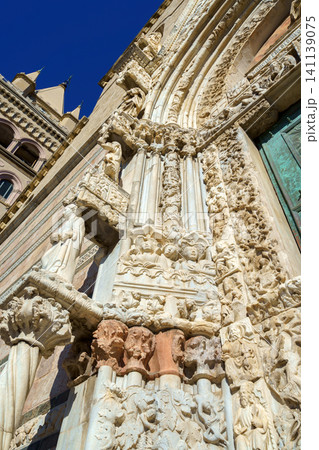 MESSINA, ITALY - NOVEMBER 06, 2018 - Elements of decoration of the doors of the Bell Tower of the Cathedral of Messina, Sicily MESSINA, ITALY - NOVEMBER 06, 2018 - Elements of decoration of the doors of the Bell Tower of the Cathedral of Messina, Sicily 141139075