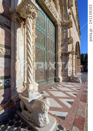 MESSINA, ITALY - NOVEMBER 06, 2018 - Elements of decoration of the doors of the Bell Tower of the Cathedral of Messina, Sicily 141139103