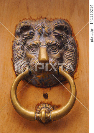 Old elegant metal lion shaped door handle in Nice, France 141139214