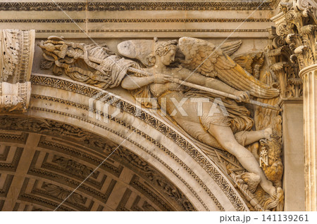 MARSEILLE, FRANCE - 10 Nov 2018 - Porte d'Aix triumphal arch and mostly its decoration elements MARSEILLE, FRANCE - 10 Nov 2018 - Porte d'Aix triumphal arch and mostly its decoration elements 141139261