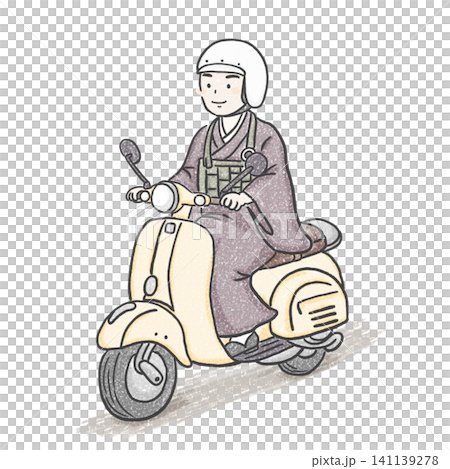 一位佛教僧侶騎著摩托車到寺廟。 141139278