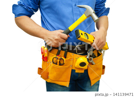 Male builder worker with tool belt pocket at waist. 141139471