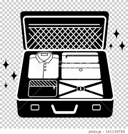 An icon of an open suitcase with clothes and accessories neatly packed inside. An icon of an open suitcase with clothes and accessories neatly packed inside. 141139789