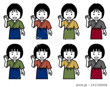 [色違い] OKサインを出す作務衣に前掛けの女性のアイコン 141140008