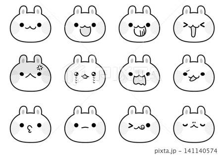 モノクロうさぎの表情セット イラスト素材 141140574