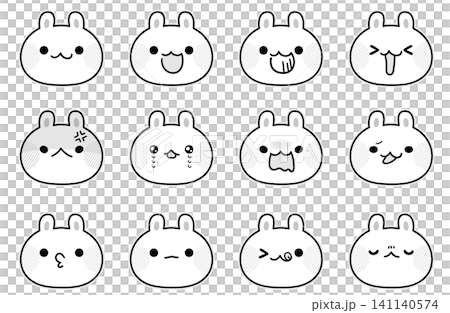 モノクロうさぎの表情セット イラスト素材 141140574