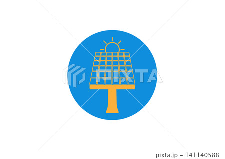 Graphic flat icon of a solar panel with a rising sun symbolizing renewable energy, clean power, sustainability and solar technology for eco-friendly energy projects and branding 141140588