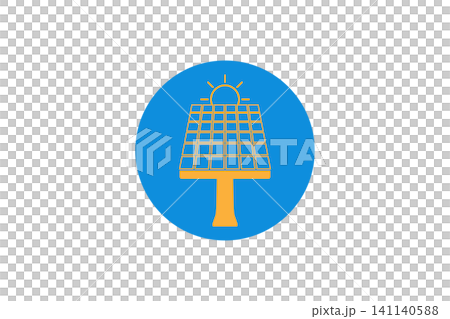 Graphic flat icon of a solar panel with a rising sun symbolizing renewable energy, clean power, sustainability and solar technology for eco-friendly energy projects and branding 141140588