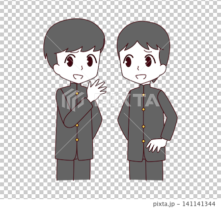 An illustration of two male students in school uniforms whispering to each other. An illustration of two male students in school uniforms whispering to each other. 141141344