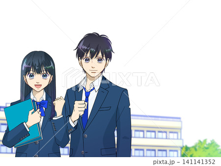 校舎を背景にして笑顔でガッツポーズをする高校生または中学生の男女のアニメ風イラスト、白バック 141141352