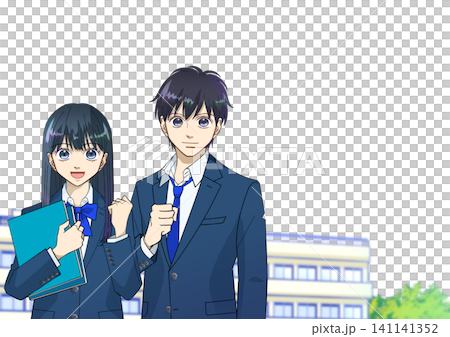 校舎を背景にして笑顔でガッツポーズをする高校生または中学生の男女のアニメ風イラスト、白バック 141141352