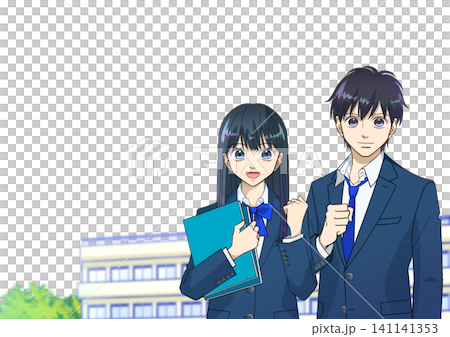 An anime-style illustration of a high school or middle school student (male or female) smiling and making a victory pose with the school building in the background, against a white background. An anime-style illustration of a high school or middle school student (male or female) smiling and making a victory pose with the school building in the background, against a white background. 141141353
