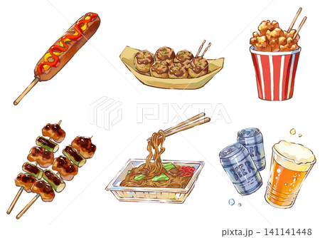 夏祭り／縁日／屋台／定番／食べ物／イラスト素材 141141448