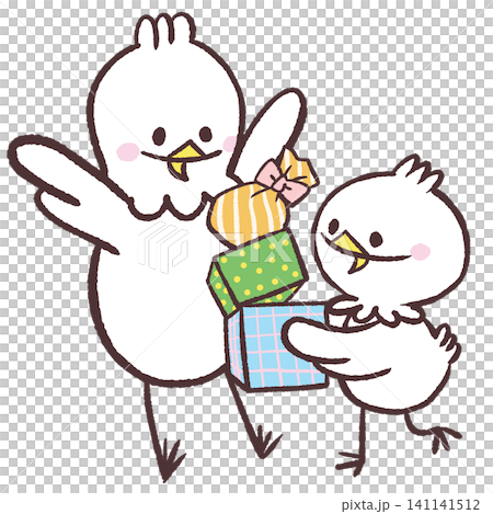 An illustration of a white bird handing over a pile of presents. 141141512