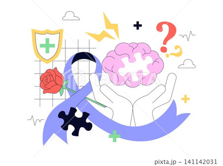 World Alzheimer's Day Illustration Featuring Brain Health Awareness, Purple Ribbon, Memory Loss, Dementia Prevention, and Neurological Care Support 141142031
