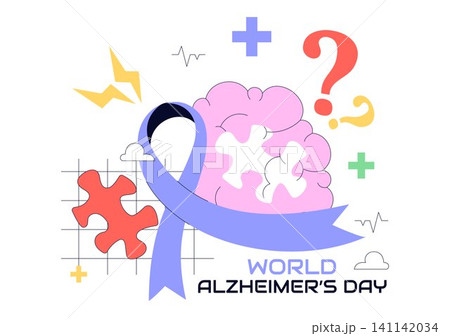 World Alzheimer's Day Illustration Featuring Brain Health Awareness, Purple Ribbon, Memory Loss, Dementia Prevention, and Neurological Care Support 141142034