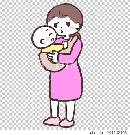 An illustration of a woman comforting a baby in a baby carrier. An illustration of a woman comforting a baby in a baby carrier. 141142198