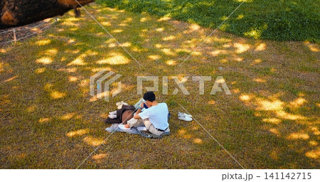 Overhead picnic with couple sitting on grass, surrounded by shoes and blanket under dappled sunlight in outdoor park, seen from high angle with spacious green lawn and shade around them 141142715