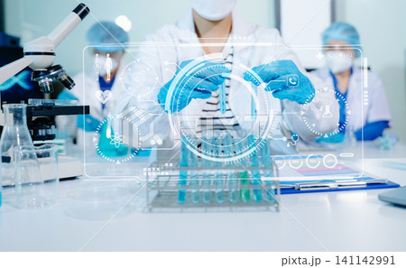 Modern medical research laboratory. female scientist hands working with micro pipettes analyzing biochemical samples, advanced science chemical laboratory 141142991