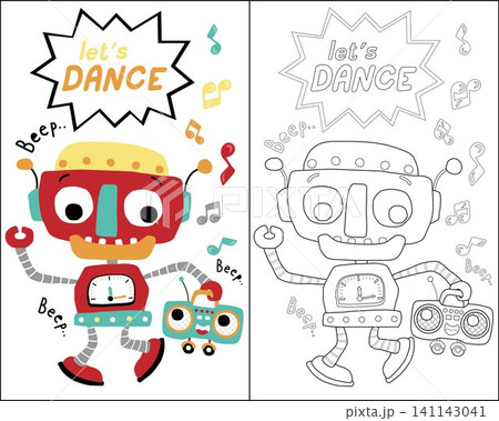 Vector of funny robot cartoon dancing while carrying tape recorder, coloring book or page Vector of funny robot cartoon dancing while carrying tape recorder, coloring book or page 141143041