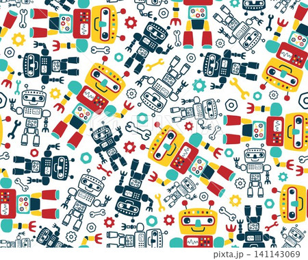 Seamless pattern vector of robots cartoon, robots element illustration 141143069