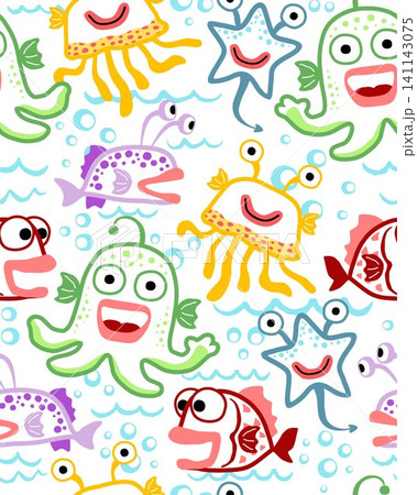 Seamless pattern vector with underwater doodle monsters cartoon 141143075