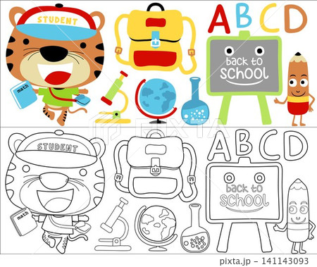 Vector illustration of funny tiger cartoon with school supplies, coloring book or page Vector illustration of funny tiger cartoon with school supplies, coloring book or page 141143093