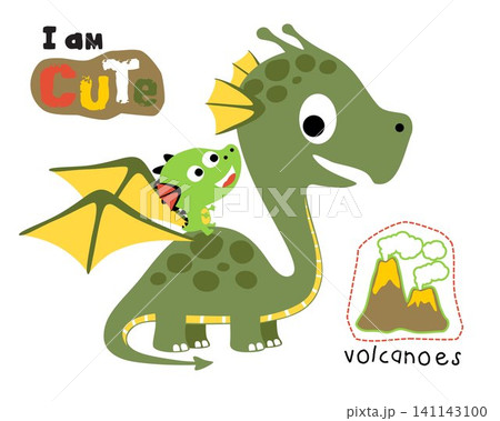 Vector illustration of funny dragons cartoon with volcanoes 141143100