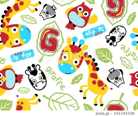 Vector seamless pattern of giraffe and owl cartoon with leaves 141143106