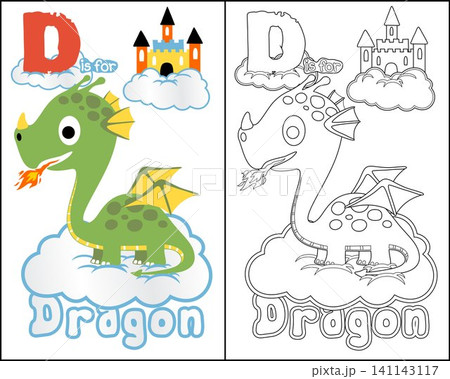 Cartoon of dragon with castle on clouds, coloring book or page 141143117