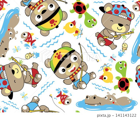 Vector seamless pattern of cute bear fishing, hippo, duck and turtle Vector seamless pattern of cute bear fishing, hippo, duck and turtle 141143122