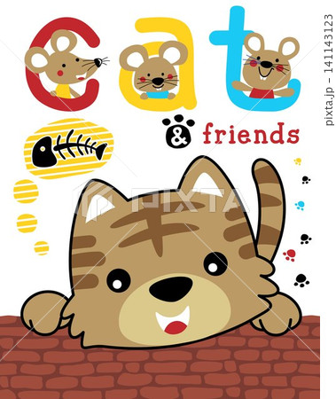 Vector illustration of cute kitten with three mice Vector illustration of cute kitten with three mice 141143123