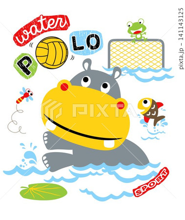 Cartoon of hippo playing water polo with frog, fish and dragonfly Cartoon of hippo playing water polo with frog, fish and dragonfly 141143125