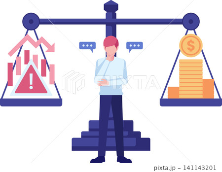 Businessman Weighing Business Risk and Reward on a Scale 141143201